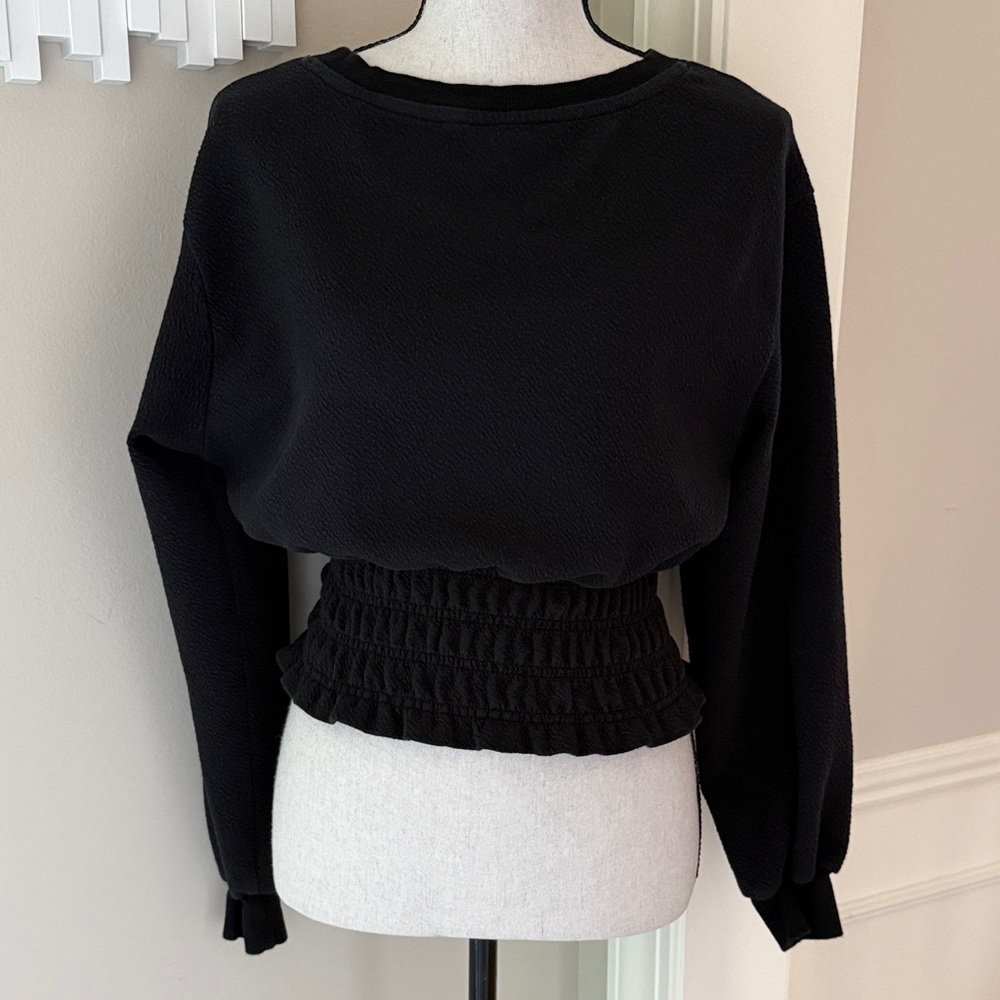 Maeve Anthropologie Black Smocked Waist Cropped Blouse Top XS